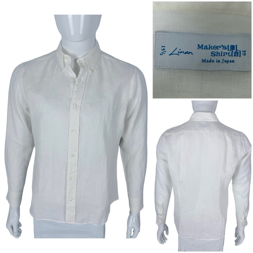 Kamakura Maker's Mens 15.5 39 Shirt 100% Linen White Made in Japan Button Front